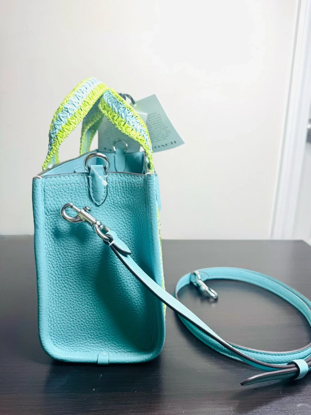 Coach Smith Tote Bag 24 Light Turquoise  straw webbing New NWT